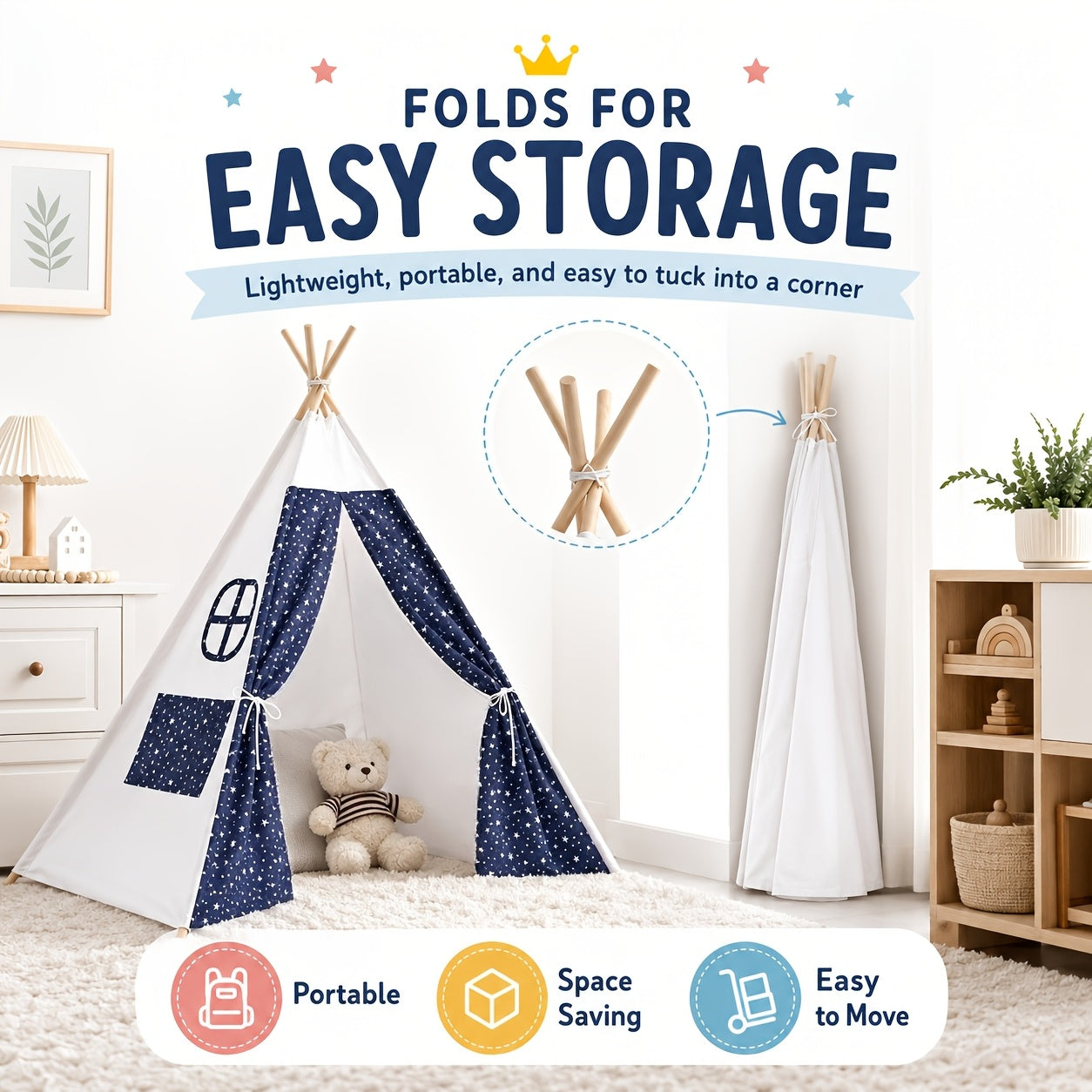 Kids Teepee Tent for Girls Boys, Indoor Outdoor Play Tent with Washable Fabric, Nordic Princess Conical Playhouse for Bedroom Backyard, Birthday Christmas Gift Ages 3+ (No Padding)