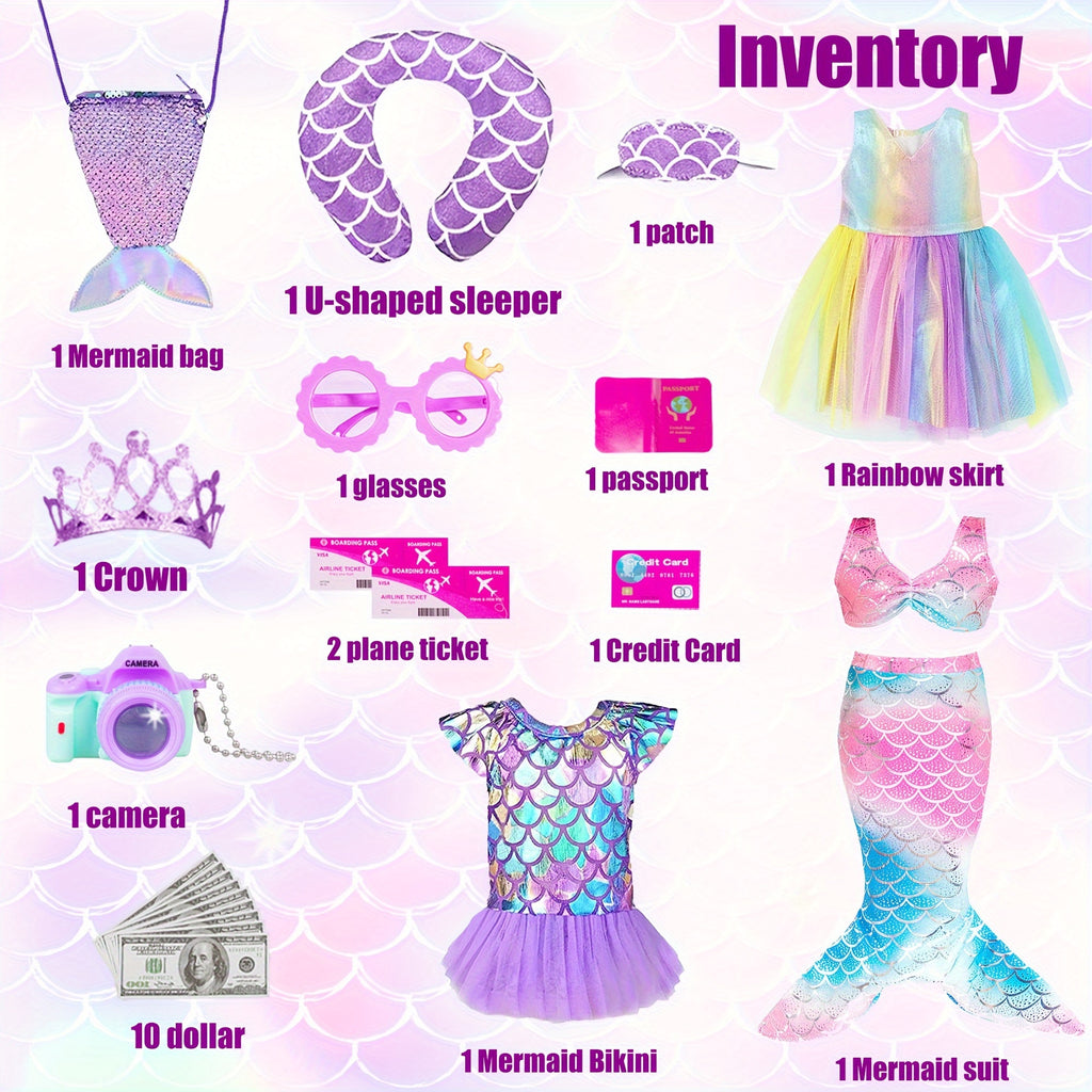 20 Piece Mermaid Doll Travel Set for 18 Inch Dolls – Suitcase Mermaid Dress Outfits Bag Camera Glasses Passport Accessories Kit No Doll Girls Ages 3+ Gift
