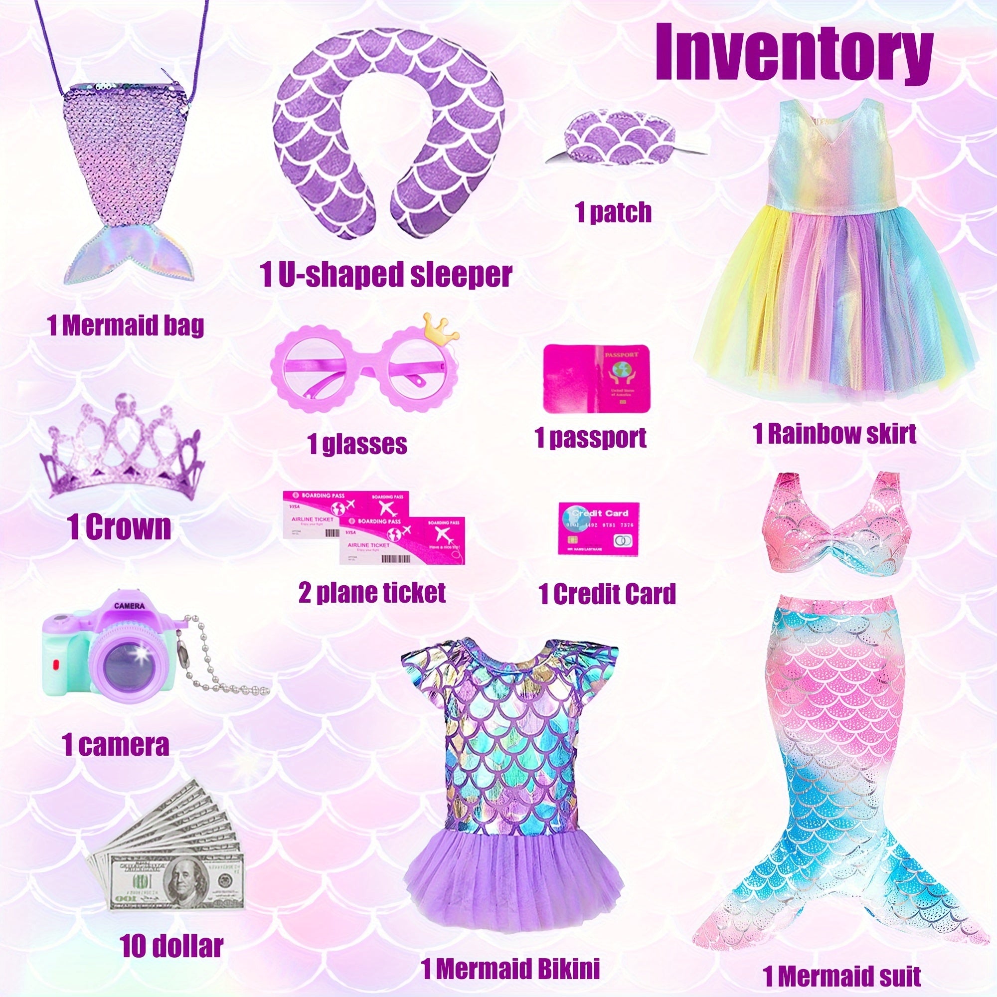 20 Piece Mermaid Doll Travel Set for 18 Inch Dolls – Suitcase Mermaid Dress Outfits Bag Camera Glasses Passport Accessories Kit No Doll Girls Ages 3+ Gift