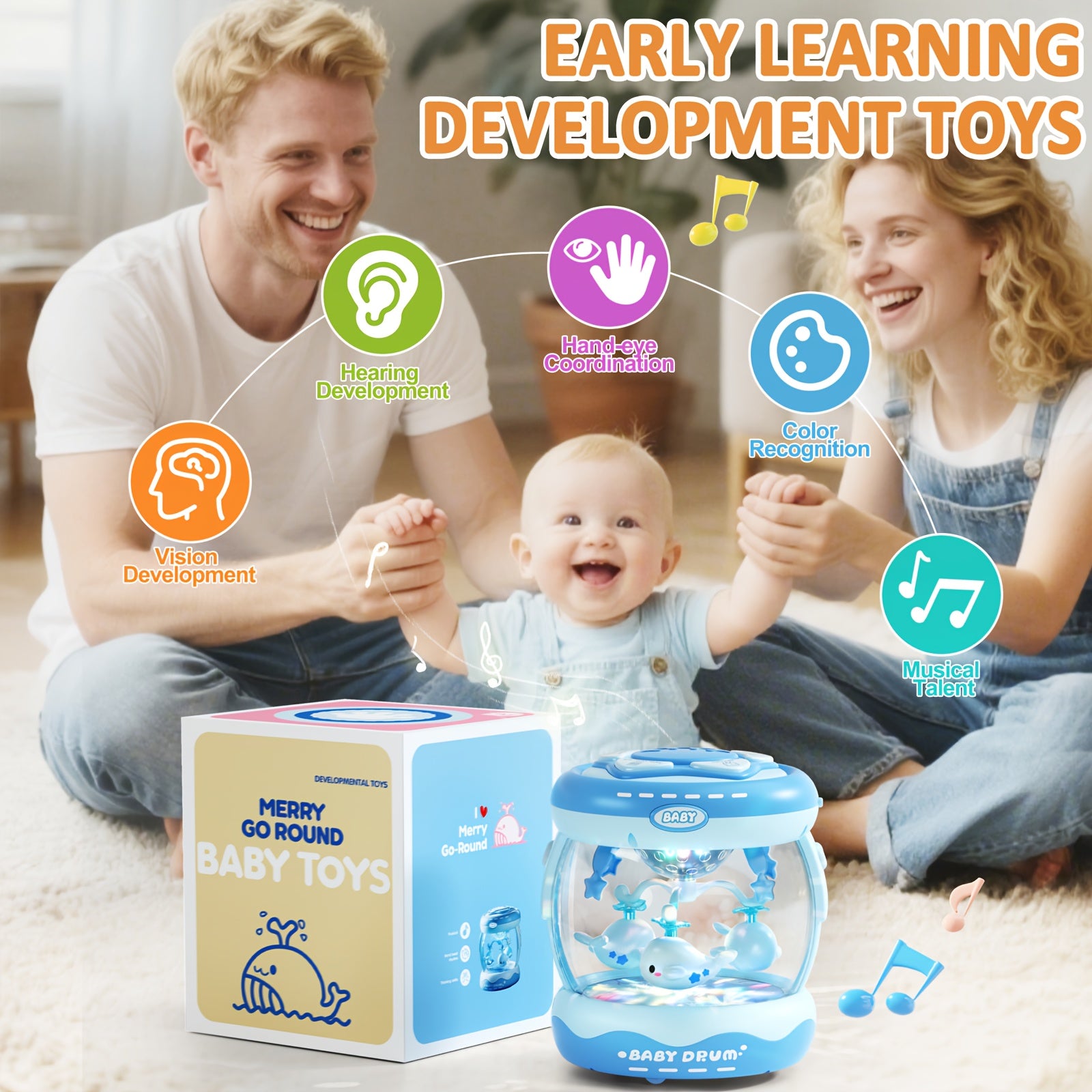 JOVOW Baby Rotating Projector Music Toy for 3 Months+ – Interactive Animal Sounds & Music, Multi-Functional Sensory Learning Toy for Infant Boys Girls, Party Music, Skills Development, Pink & Blue