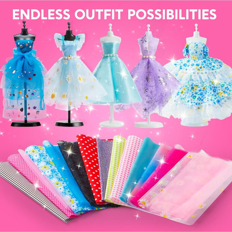 Fashion Design Kit for Girls 400PCS DIY Sewing Craft Set with 3 Mannequins No-Sew Fabric Art Toy Birthday Gift for Kids Ages 8-12