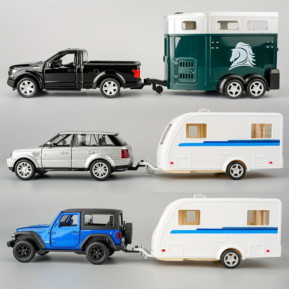Die-Cast Pull Back Car with Horse Trailer 1:36 Scale Zinc Alloy Toy Vehicle Set, Openable Doors, Gift for Kids Boys Adults