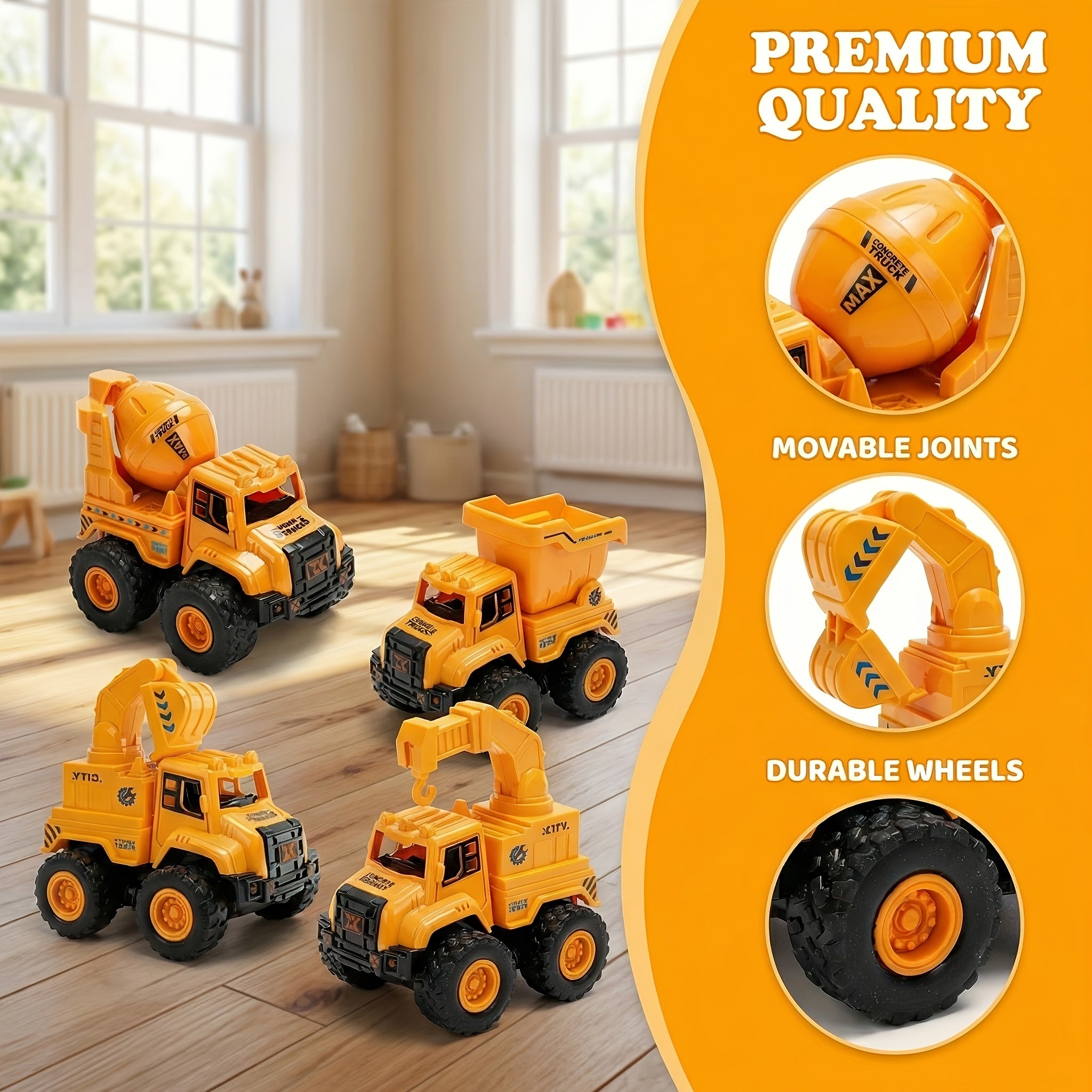 4-Piece STEM Construction Toy Vehicle Kit Excavator Dump Truck Crane Cement Mixer Sandbox Toy for Kids Ages 3+ Hands-On Learning Halloween Christmas Gift