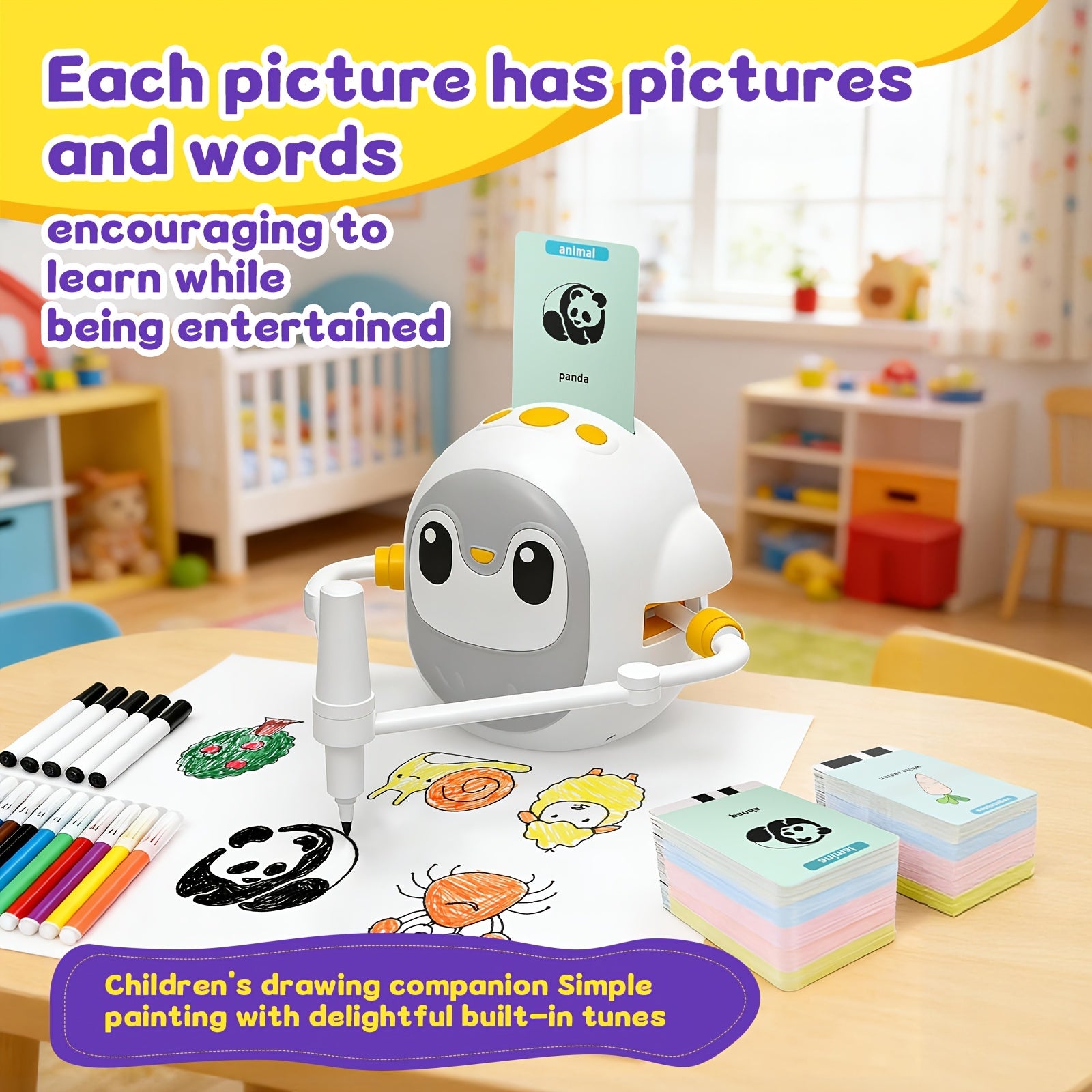 Drawing Robot for Kids with 200 Learning Cards & 12 Color Pens – Penguin Art Robot Toy, Interactive STEM Educational Drawing Toy for Boys Girls Ages 3+, USB Charging