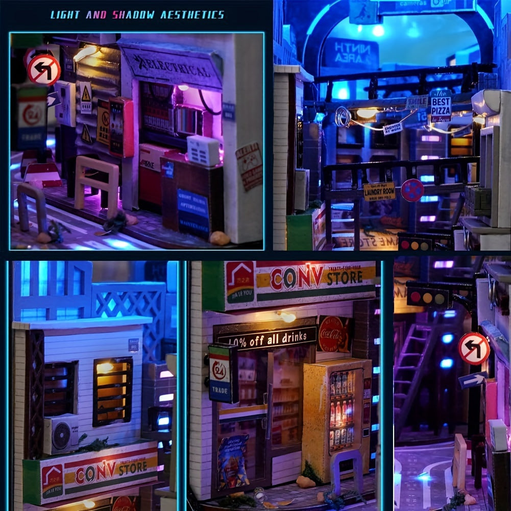 Book Nook Kit with Lights DIY Near Future Sci-Fi – 3D Wooden Miniature Dollhouse Bookshelf Insert Home Decor Gift for Teens Adults Birthday Christmas No Battery No Glue