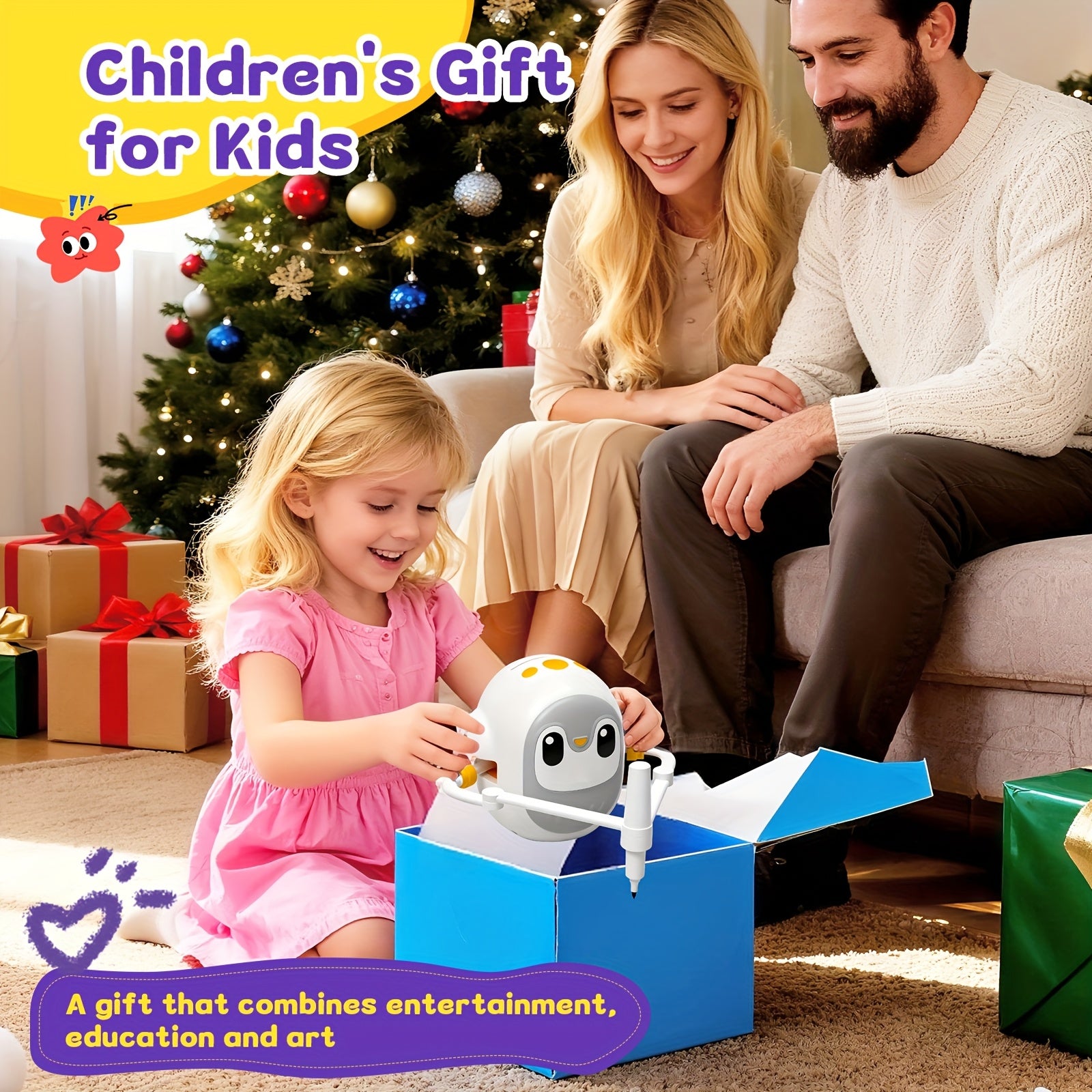 Drawing Robot for Kids with 200 Learning Cards & 12 Color Pens – Penguin Art Robot Toy, Interactive STEM Educational Drawing Toy for Boys Girls Ages 3+, USB Charging