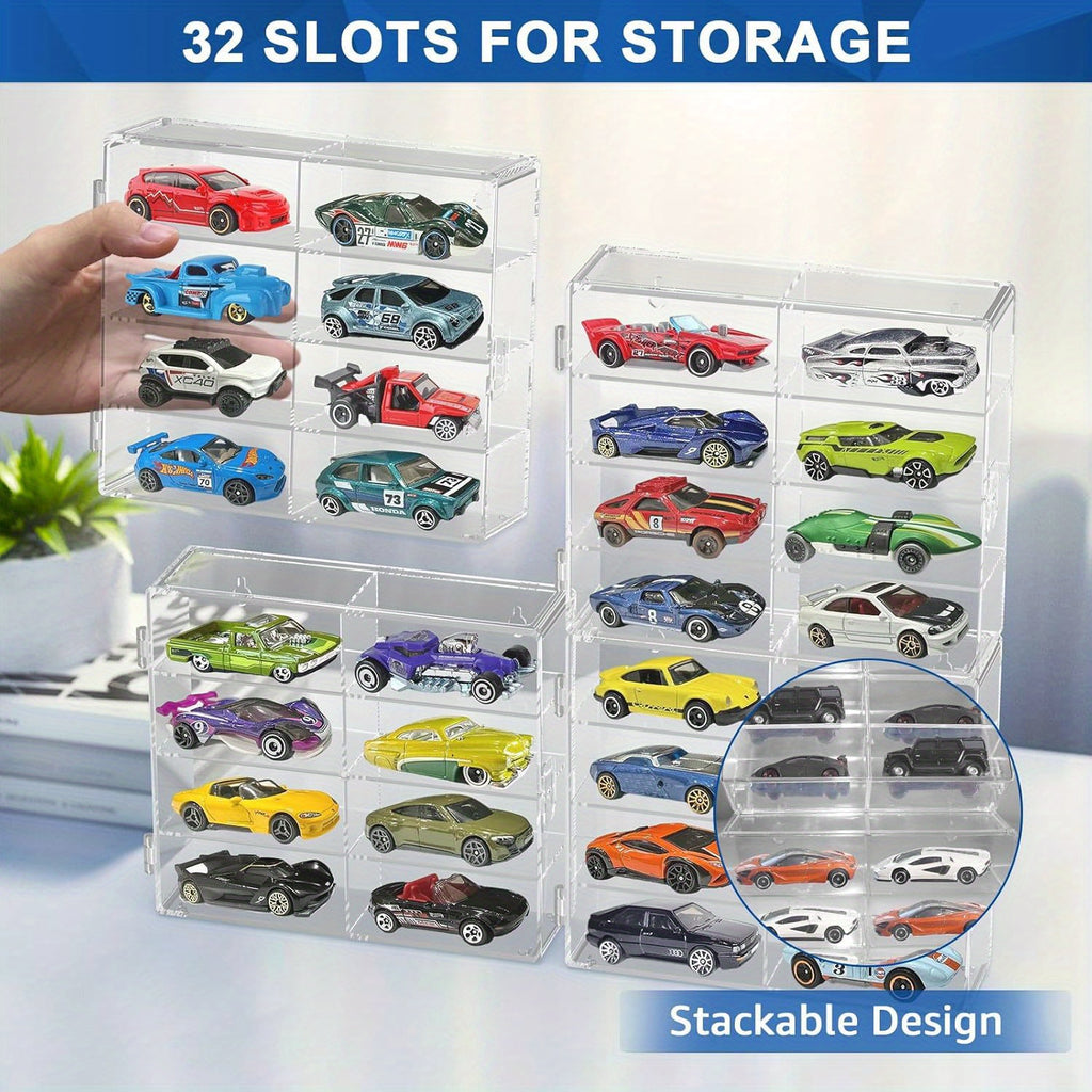 Die-Cast Car Display Case 4pcs 1/64 Scale Acrylic Holds 32 Cars - Dustproof Stackable Clear Storage Organizer for Hot Wheels Matchbox Collectors