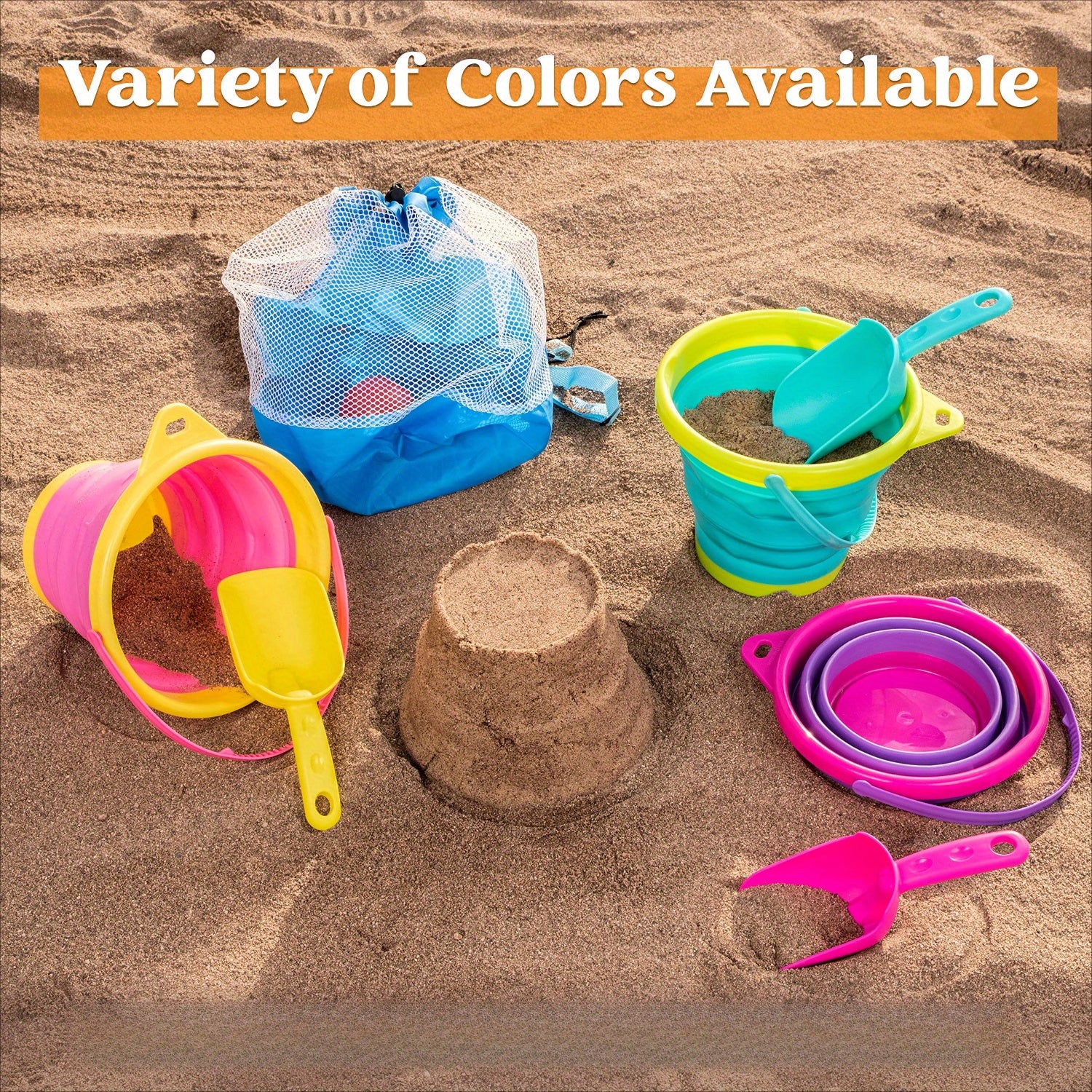 Foldable Beach Bucket Set 3 Pack Collapsible Sand Pails with Shovels & Mesh Bag – Kids Beach Toy for Sand Play, Pool, Camping