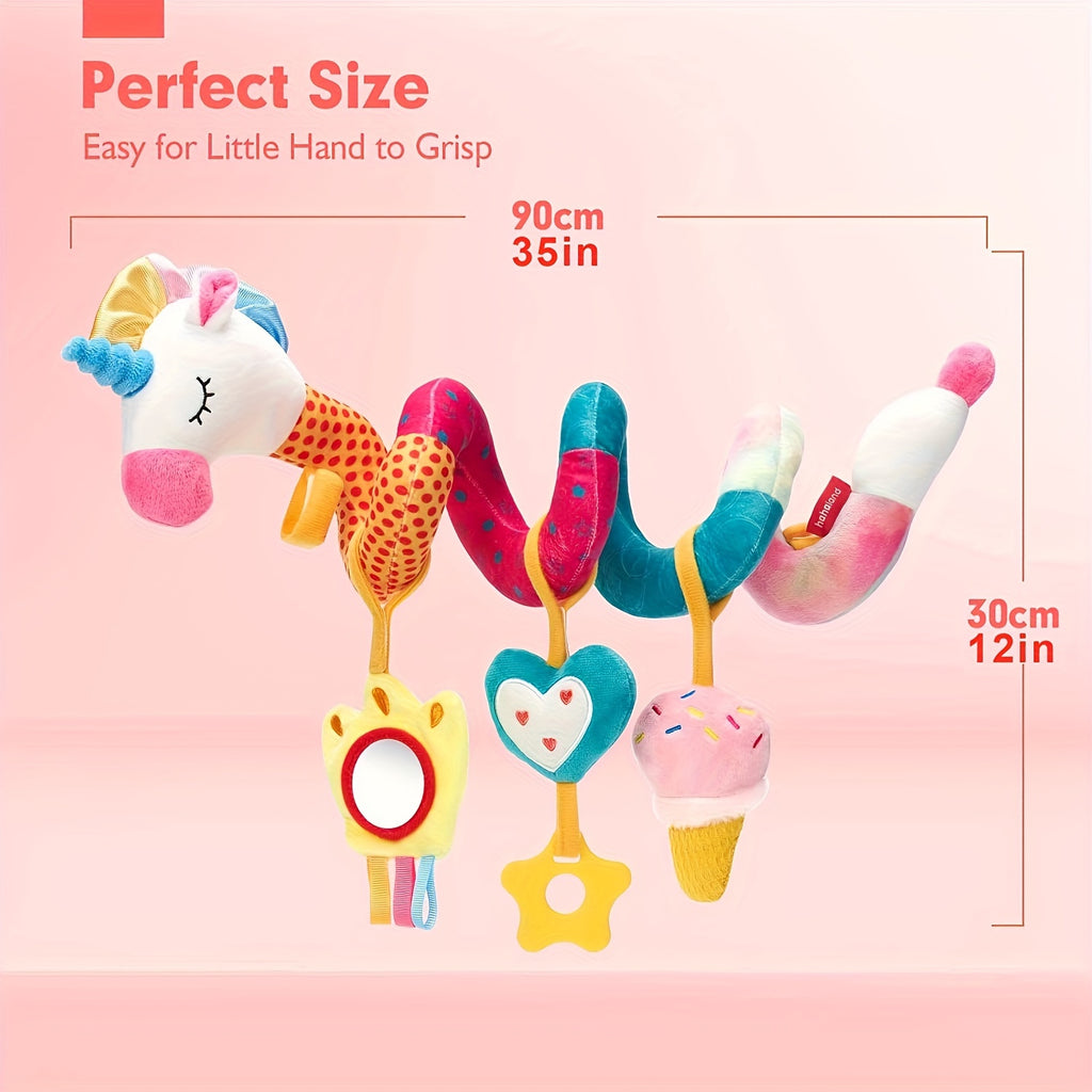 Baby Car Seat Toys 0-6 Months – Unicorn Infant Stroller Toy with Rattle, Mirror, Crinkle & Squeaky Features, Sensory Development Toy for Newborn Boys Girls, Baby Shower Gift