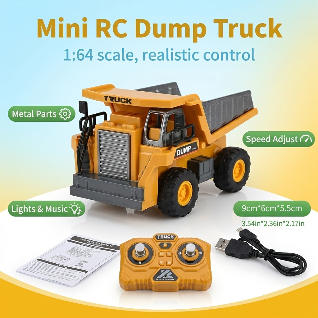 1:64 RC Construction Vehicle Set – 9-Channel Alloy Dump Truck, Forklift & Excavator with 2.4GHz Remote, Diecast Metal Body Mini Desk Toys