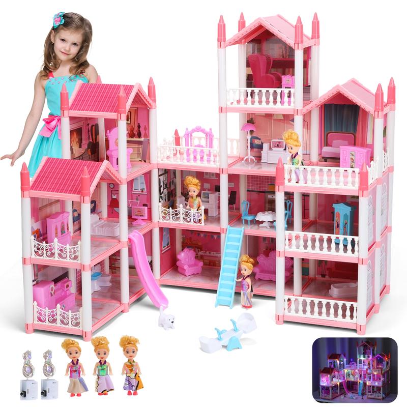 Dollhouse with Lights by CUTE STONE, 14 or 16 Room Princess Playhouse with Furniture and Accessories, Pink or Blue Pretend Play Gift for Kids Ages 3+