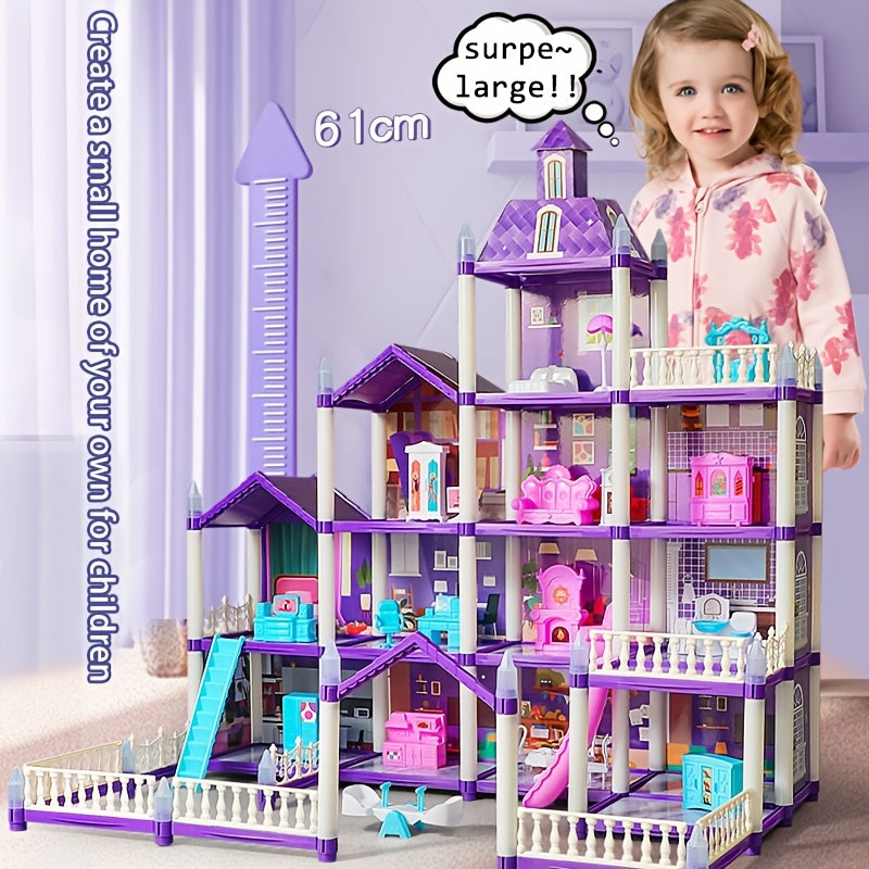 Dollhouse for Girls Ages 3-10 with Doll Figures Puppies Furniture Accessories LED Light - 6 to 16 Room Purple Playhouse, Imaginative Pretend Play Toy, Birthday Christmas Easter Gift for Girls