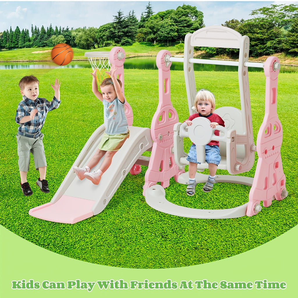 4-in-1 Toddler Slide and Swing Set with Climber Basketball Hoop Indoor Outdoor Backyard Playset for Kids Ages 1-3