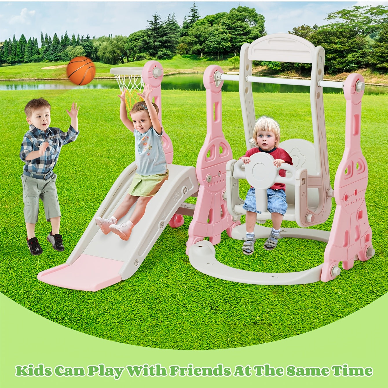 4-in-1 Toddler Slide and Swing Set with Climber Basketball Hoop Indoor Outdoor Backyard Playset for Kids Ages 1-3
