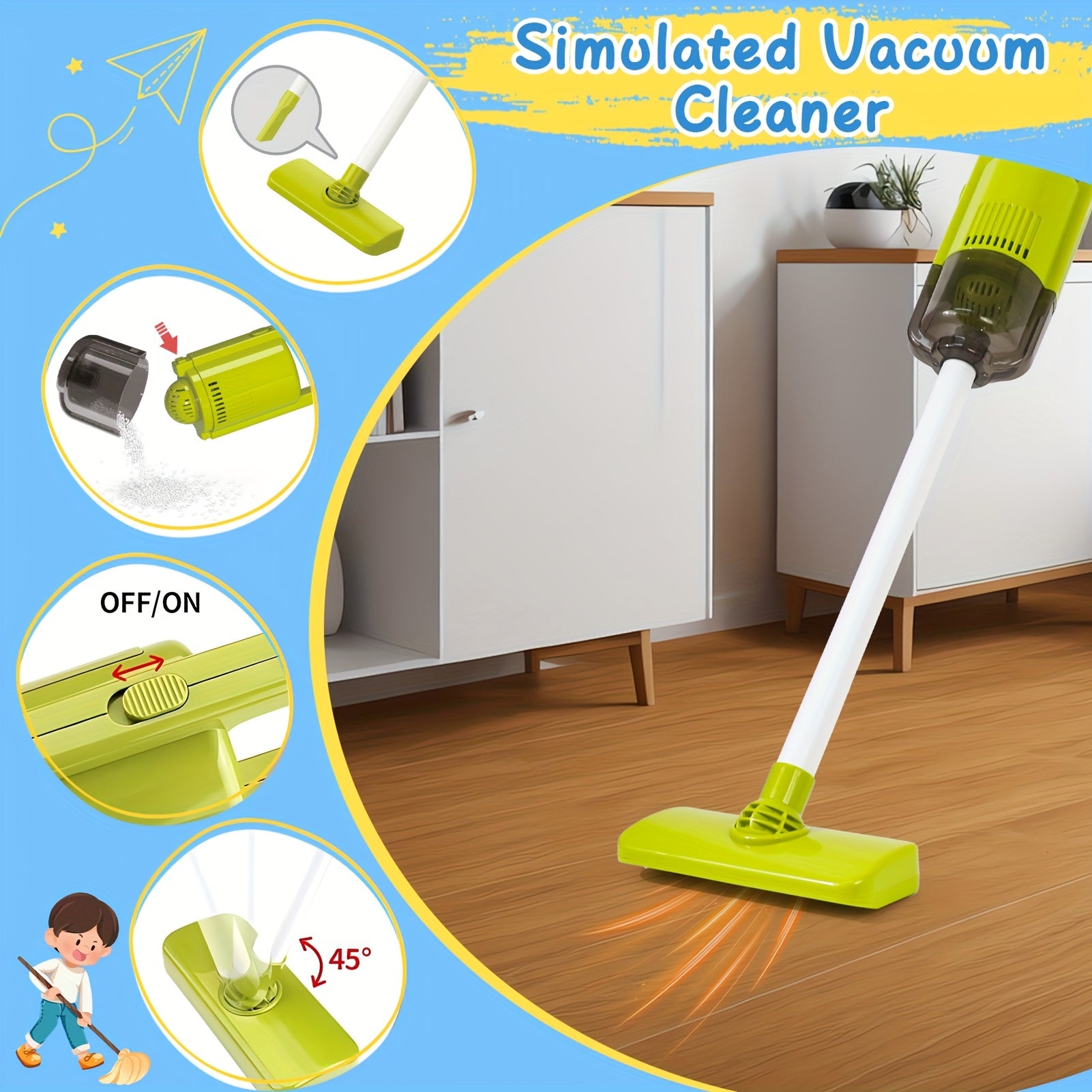 Kids Pretend Play Cleaning Toy Set with Electric Vacuum Cleaner Broom Dustpan Mop & Duster – Home Cleaning Playset for Toddlers Boys & Girls Birthday Gift
