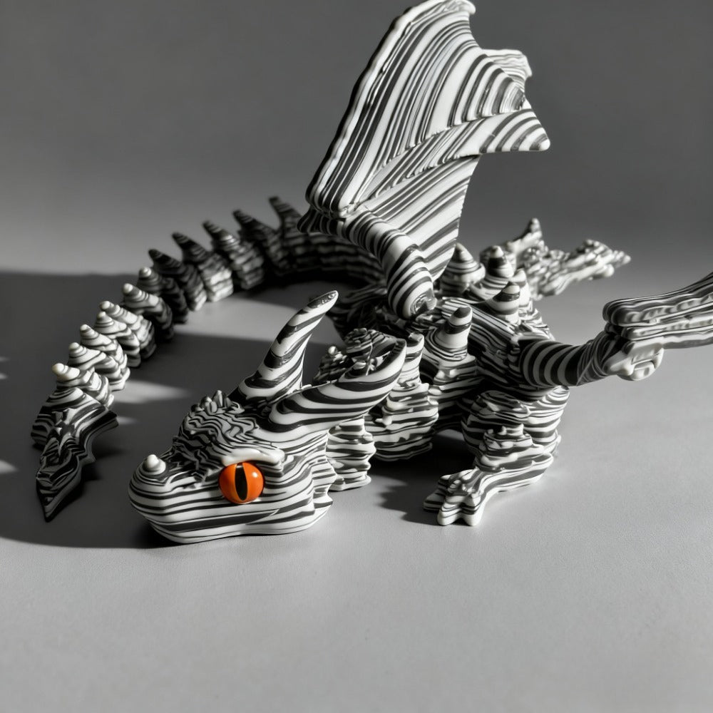Articulated Cybernetic Dragon Statue 3D Printed Figurine – Black & White Swirl, Random Eye Color, Poseable Desktop Collectible Art Gift for Dragon Lovers & Teens