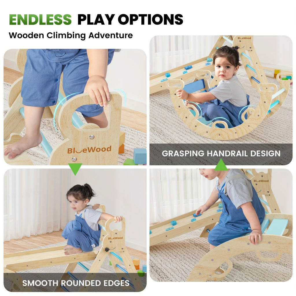 Pikler Triangle 8-in-1 Foldable Wooden Climbing Set Toddlers Indoor Jungle Gym with Slide Arch Rocker Montessori Toy Ages 1 2 3 4 5 Birthday Christmas Gift