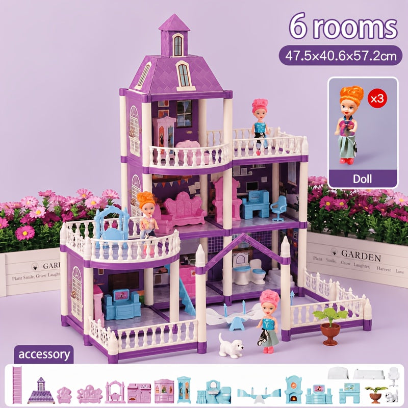 Dollhouse for Girls Ages 3-10 with Doll Figures Puppies Furniture Accessories LED Light - 6 to 16 Room Purple Playhouse, Imaginative Pretend Play Toy, Birthday Christmas Easter Gift for Girls