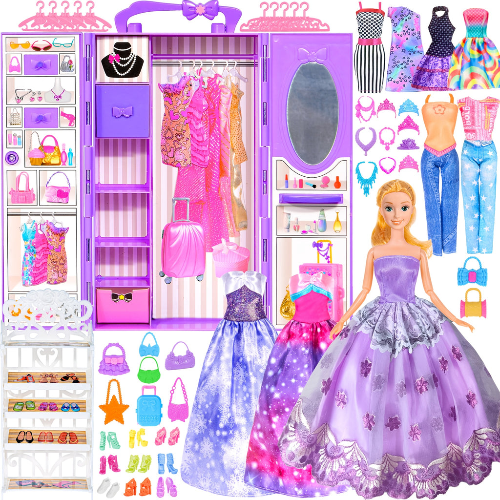 Doll Closet Wardrobe Playset 91pcs for 11.5 Inch Dolls – Princess Gowns Dresses Swimsuits Shoes Handbags Accessories & DIY Stickers Gift for Girls Ages 3+