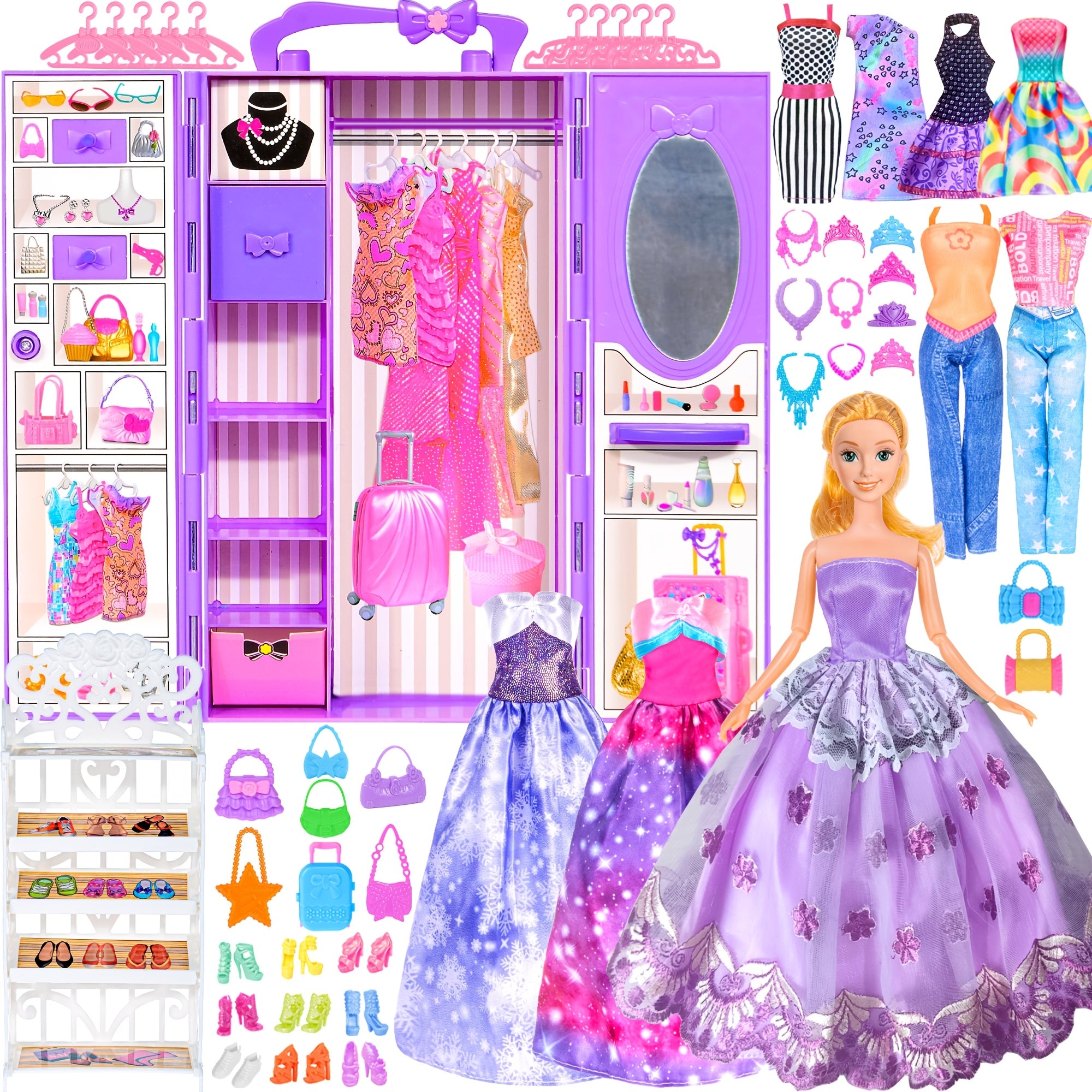 Doll Closet Wardrobe Playset 91pcs for 11.5 Inch Dolls – Princess Gowns Dresses Swimsuits Shoes Handbags Accessories & DIY Stickers Gift for Girls Ages 3+