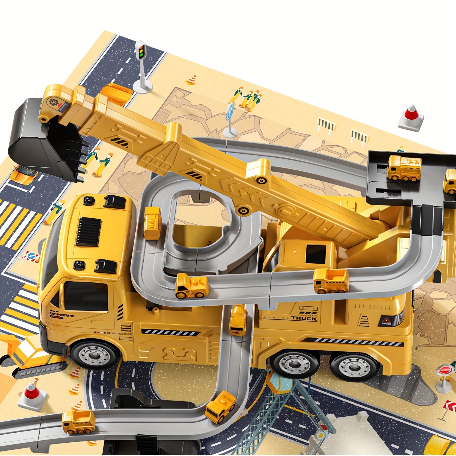 3-in-1 Construction Vehicle Toy Set Crane Excavator Racing Track with 8 Cars Lights Sounds STEM Playset for Kids Boys Girls Toddlers Ages 3+ Birthday Christmas Gift