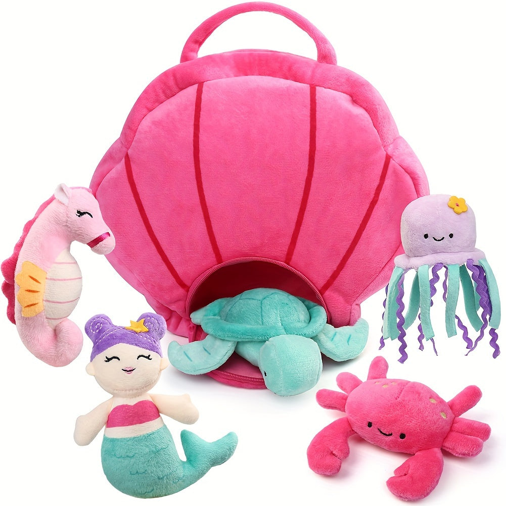 Ocean Stuffed Animal Set 5PCS – Sea Creature Plush Toys with Shell Carrying Bag, Mermaid Turtle Octopus Seahorse Crab Plushies for Kids, Birthday Christmas Gift for Girls Boys