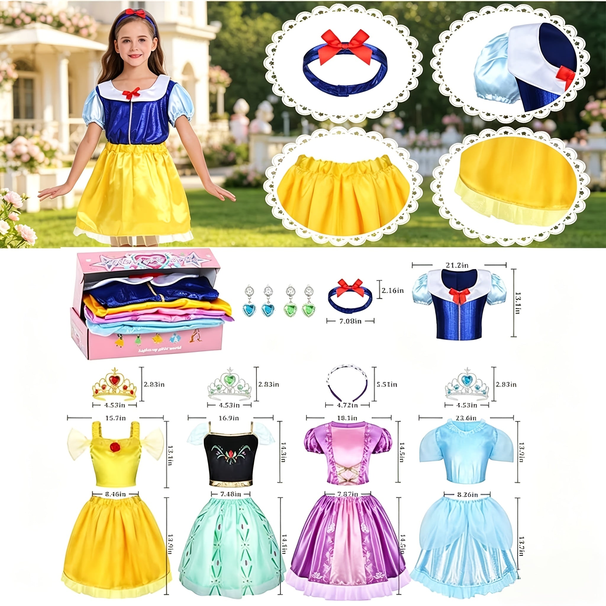Princess Dress Up Costume Set for Girls 14-Piece, 5 Outfits with Crowns Earrings & Storage Box, Birthday Halloween Gift for Girls Ages 3-6