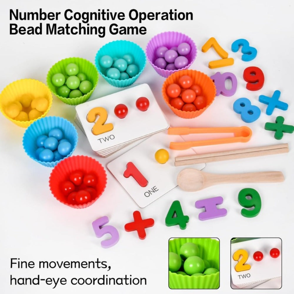 Colorful Wooden Bead Counting Set with Tweezers, Number Puzzle & Matching Cards – Fine Motor Skills Toy for Toddlers, STEM Learning Gift for Kids Ages 3+