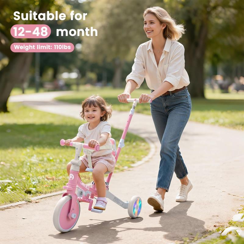 5-in-1 Toddler Tricycle with Push Handle, Bobike Convertible Balance & Pedal Bike for Ages 1-3, Adjustable Seat, Harness & Light-Up Rear Wheel