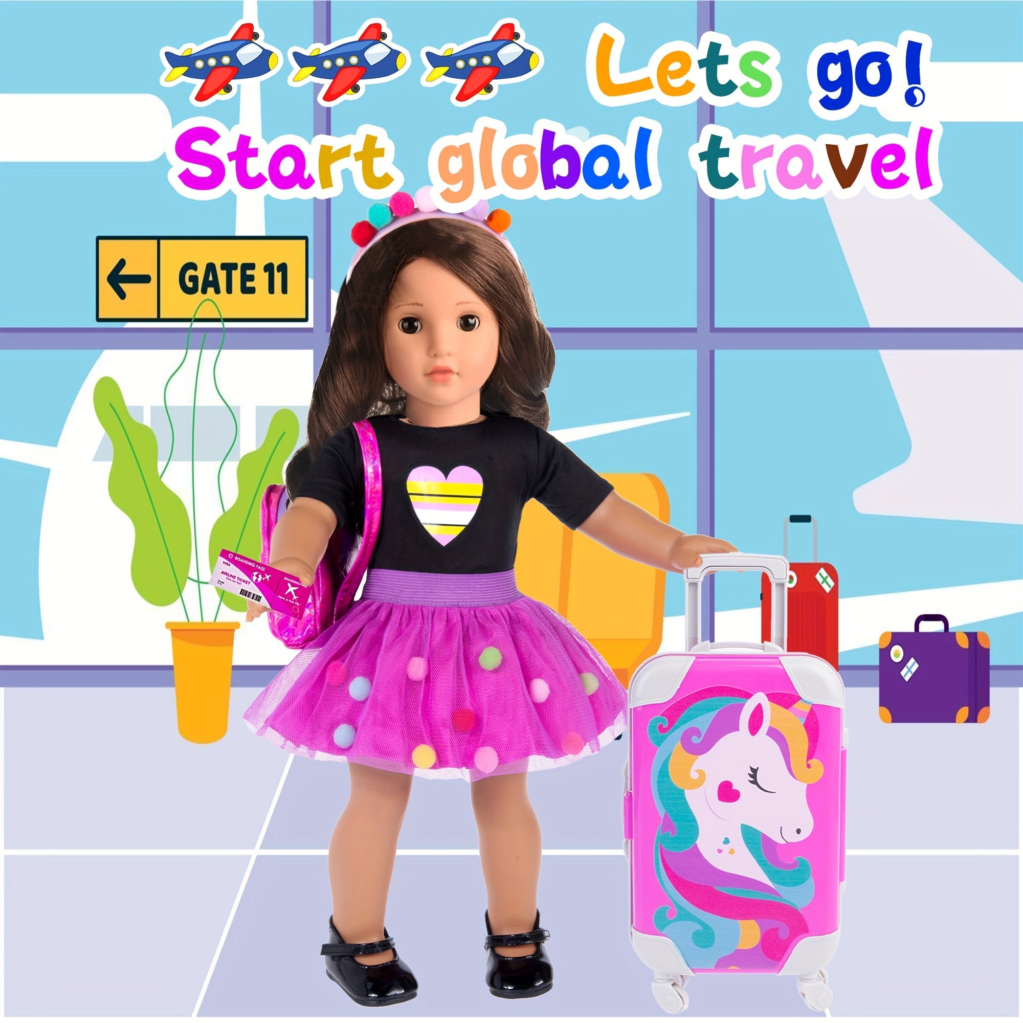 18 Inch Doll Travel Set 25 Piece Unicorn Accessories – Suitcase Roller Skates Outfit Backpack Passport for 18 Inch Dolls No Doll Girls Ages 3+ Birthday Christmas Gift