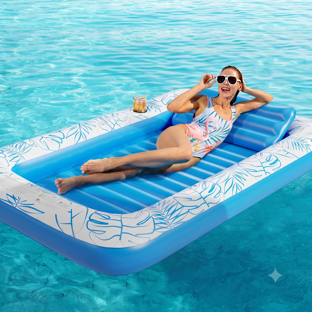 Inflatable Tanning Pool Lounger Float – 4-in-1 Sun Tan Tub Pool Float Raft with Water Fill, Pillow & Cup Holder, Sunbathing Lounge Mat for Adults, Large