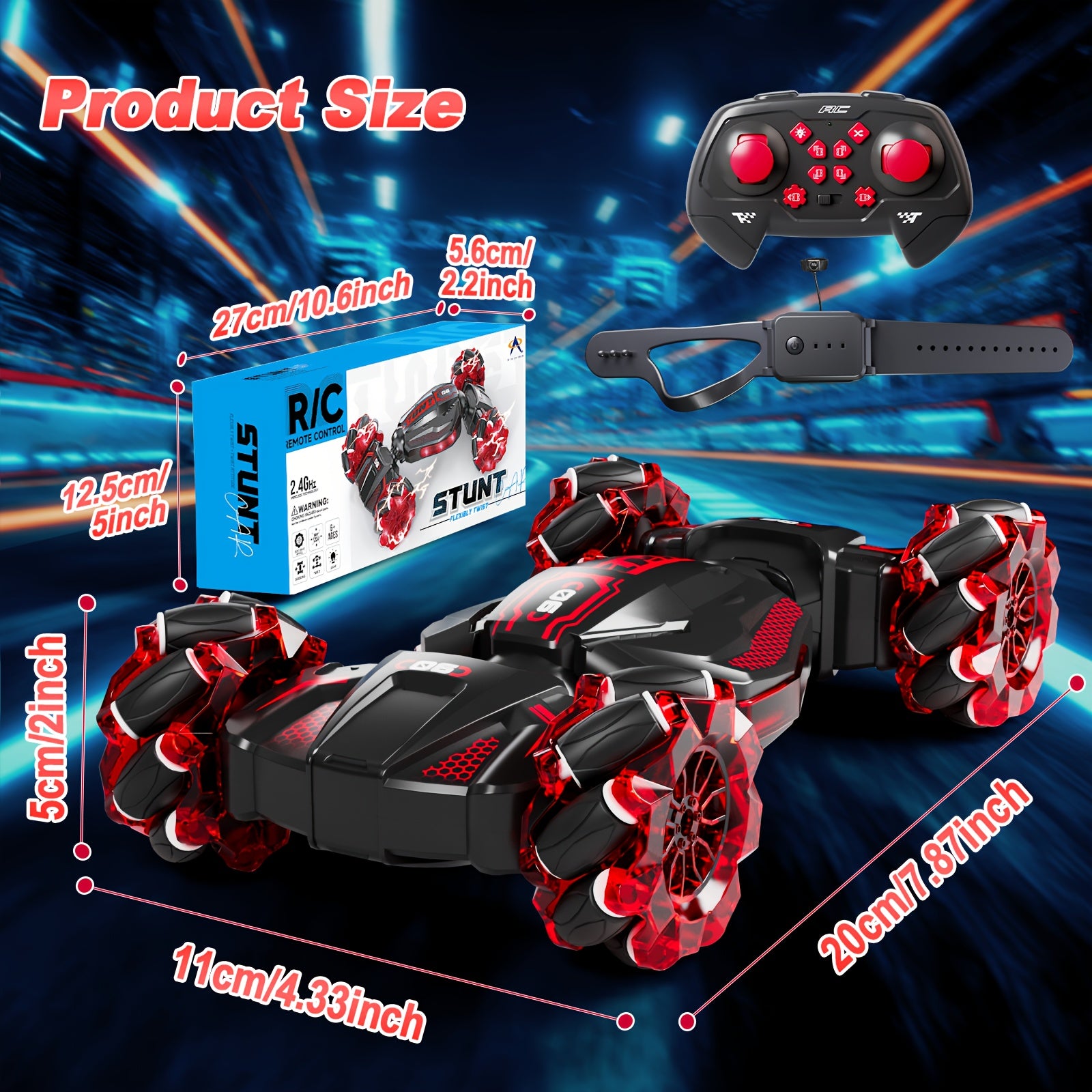 RC Stunt Car for Kids 8WD Dual Remote Control, 1:24 Scale 2.4GHz 28Km/h All-Terrain LED Race Car, Crash-Resistant Birthday Gift for Boys Girls