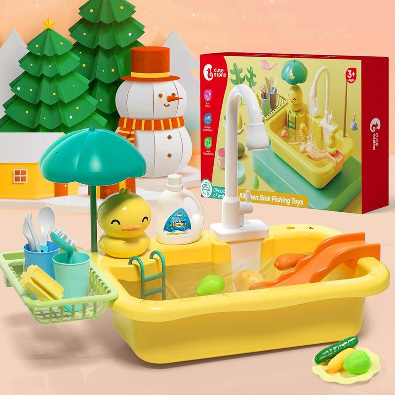 Play Kitchen Sink with Running Water, CUTE STONE 1.7L Kids Pretend Wash Station with Fishing Game, Toy Food, Dishes and Drain Rack