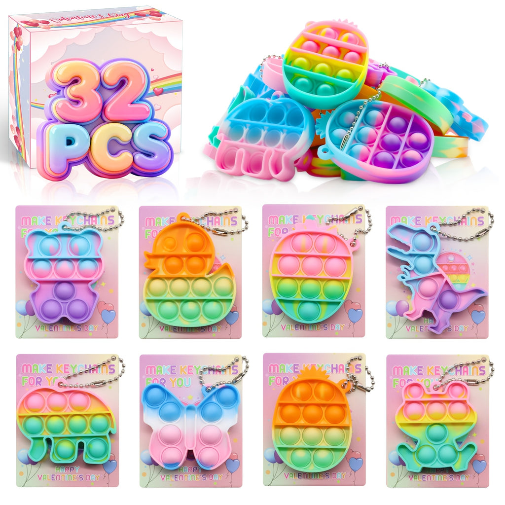 Animal Press Fidget Toy Set 32 or 36pcs with Keychain Pendant – 8 Cute Styles Bulk Party Favors for Kids, Classroom Rewards, Birthday Valentine’s Day Easter Gift