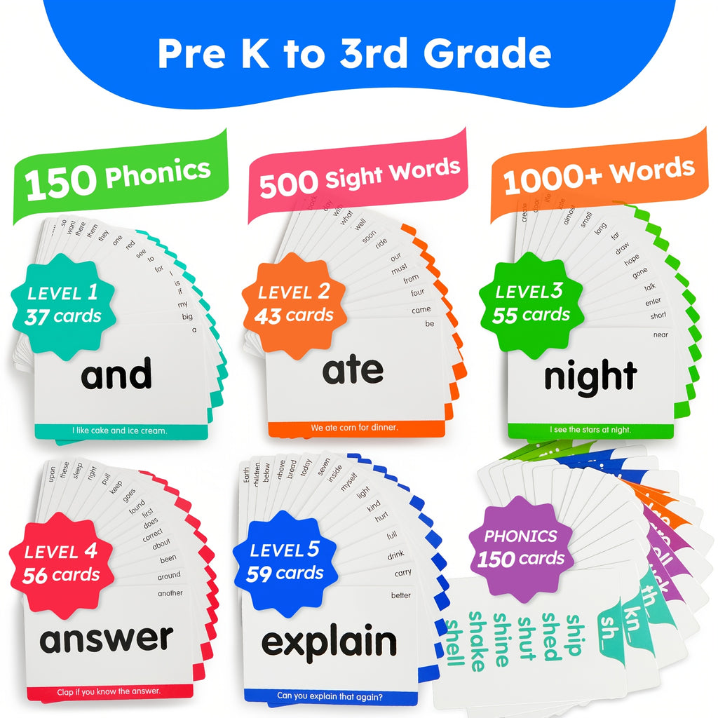 500 Sight Words & 150 Phonics Flash Cards Set – 1000+ Words, Dolch & Fry High Frequency Words, CVC Blends & Long Vowels, Learn to Read for Pre-K to 3rd Grade Kids
