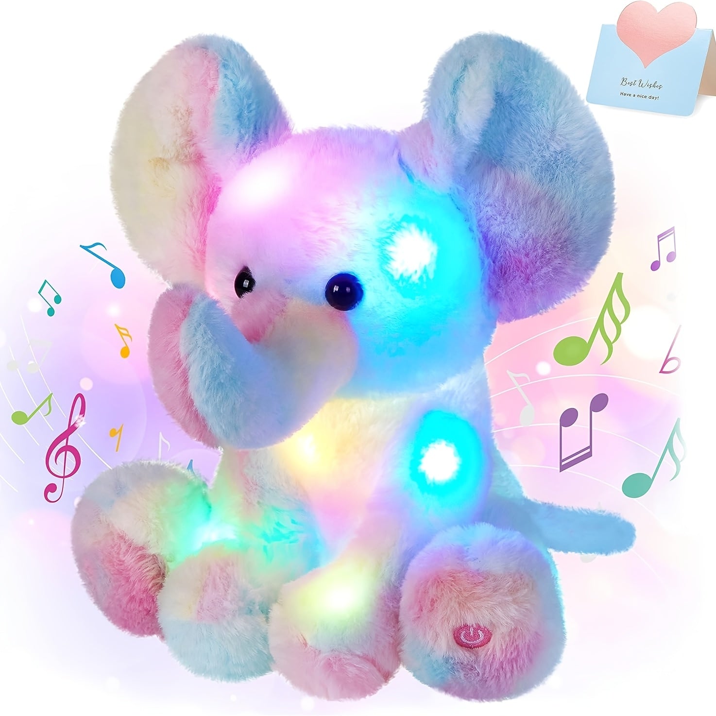 Musical Glowing Rainbow Elephant Plush Toy 12 Inch Night Light Lullaby Soft Stuffed Animal Soothing Baby Gift Birthday Decor for Kids Toddlers