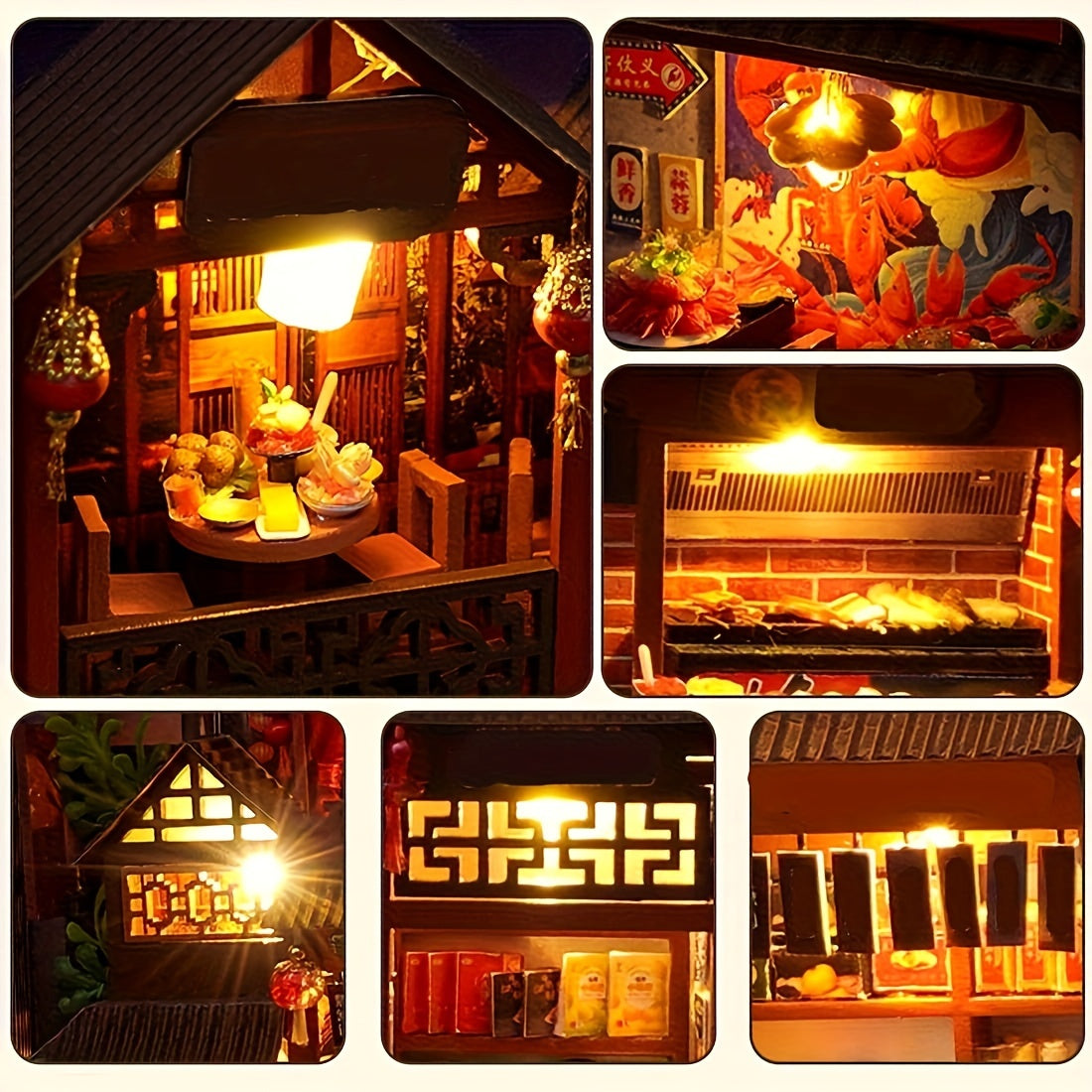 Book Nook Kit DIY Miniature Chinese Food Street – 3D Wooden Puzzle Bookshelf Insert Dollhouse Home Decor Gift for Teens Adults Birthday Christmas No Glue No Battery