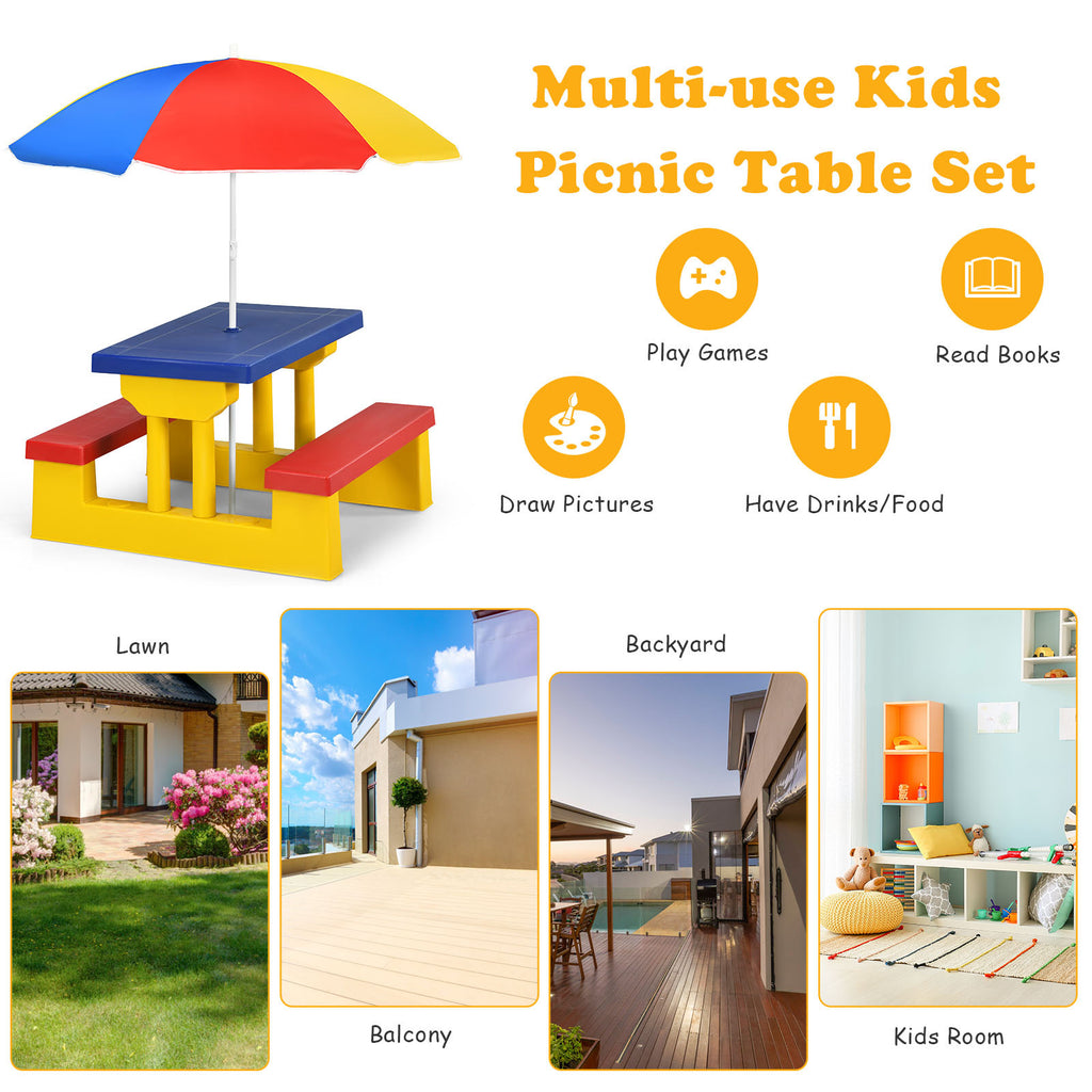 Kids Picnic Table Set with Removable Umbrella Outdoor Indoor 4-Seat Rainbow Colorful PP Toddler Garden Patio Furniture Birthday Gift