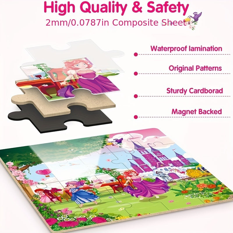 Magnetic Puzzle Book for Girls Ages 3 4 5 6 Unicorn Mermaid Princess 20pcs Travel Toy Toddler Busy Book Car Airplane Road Trip - Birthday Gift