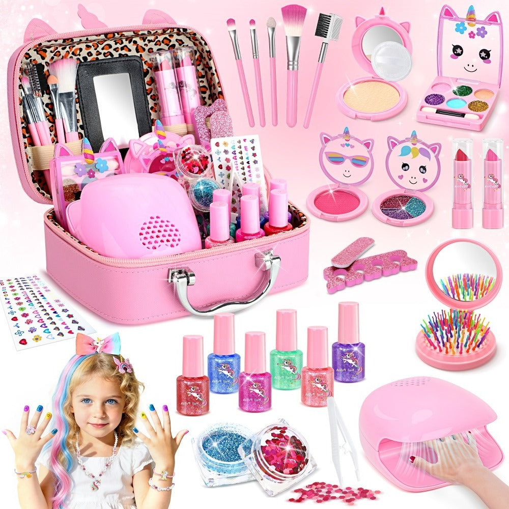 Kids Washable Makeup & Nail Art Set 2-in-1 Princess Toy for Girls Ages 3+ – Complete Cosmetic Kit with Nail Polish Eyeshadow Lipstick Wig Jewelry Birthday Valentine Christmas Gift