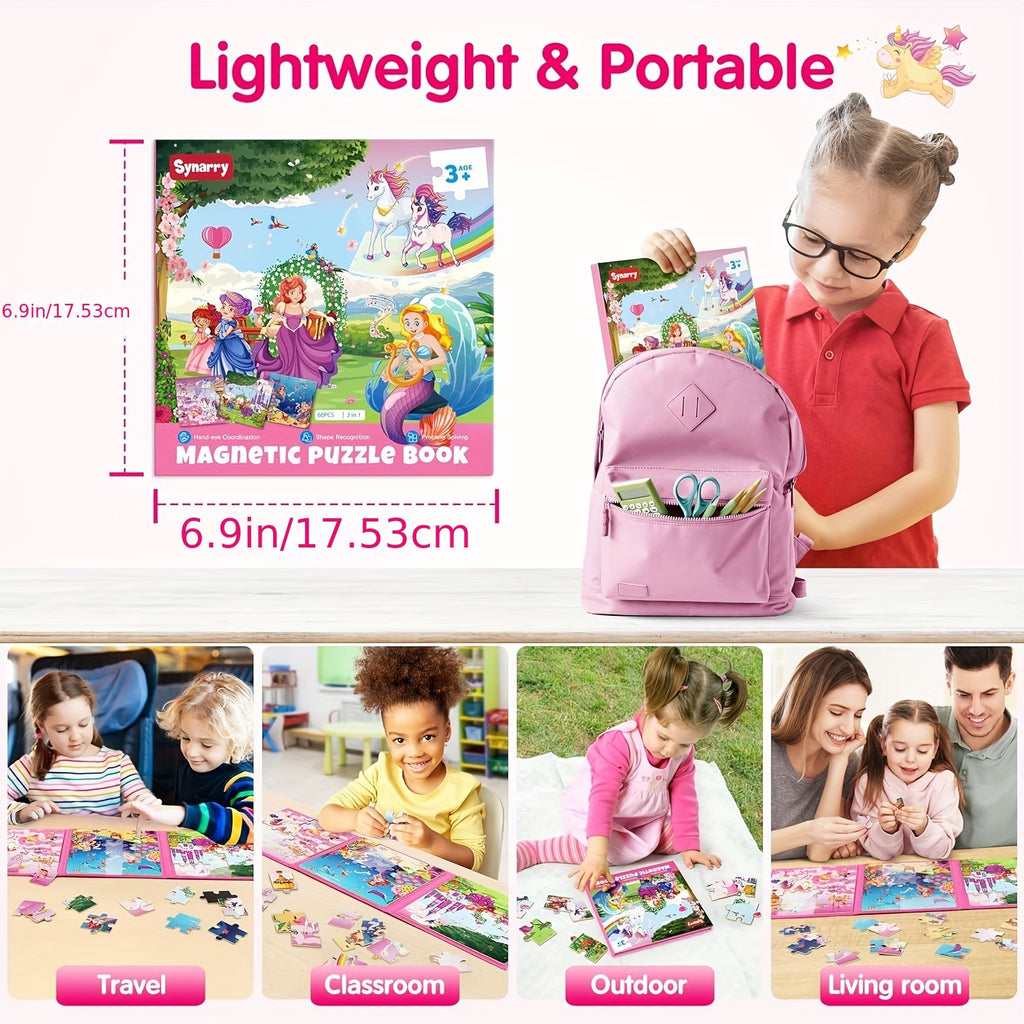 Magnetic Puzzle Book for Girls Ages 3 4 5 6 Unicorn Mermaid Princess 20pcs Travel Toy Toddler Busy Book Car Airplane Road Trip - Birthday Gift