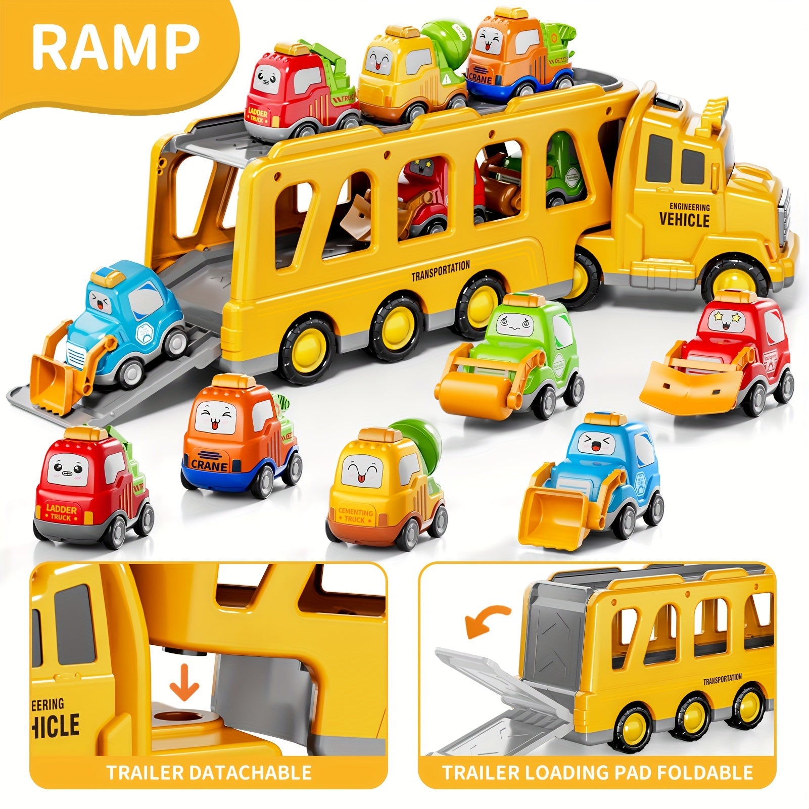 Transport Carrier Truck Toy 16.9 Inch with 6 Mini Cars Lights Sounds Construction Vehicle Playset for Kids Boys Girls Toddlers Ages 3+ Birthday Christmas Gift