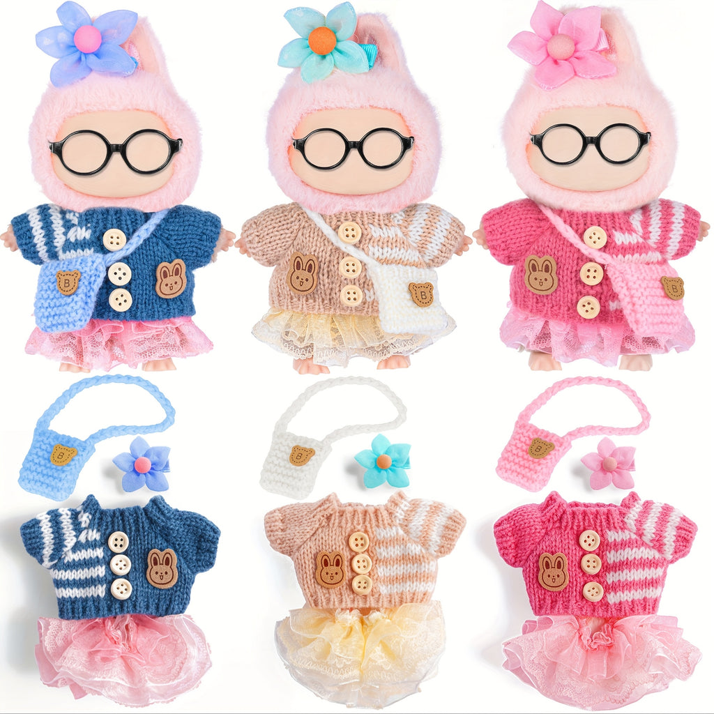 Labubu Doll Clothes 3 Sets for 17cm Plush Dolls – Knit Tops Bubble Tulle Skirts Floral Hair Clips & Bags Blue Beige Pink Complete Fashion Outfits Gift Ages 3+