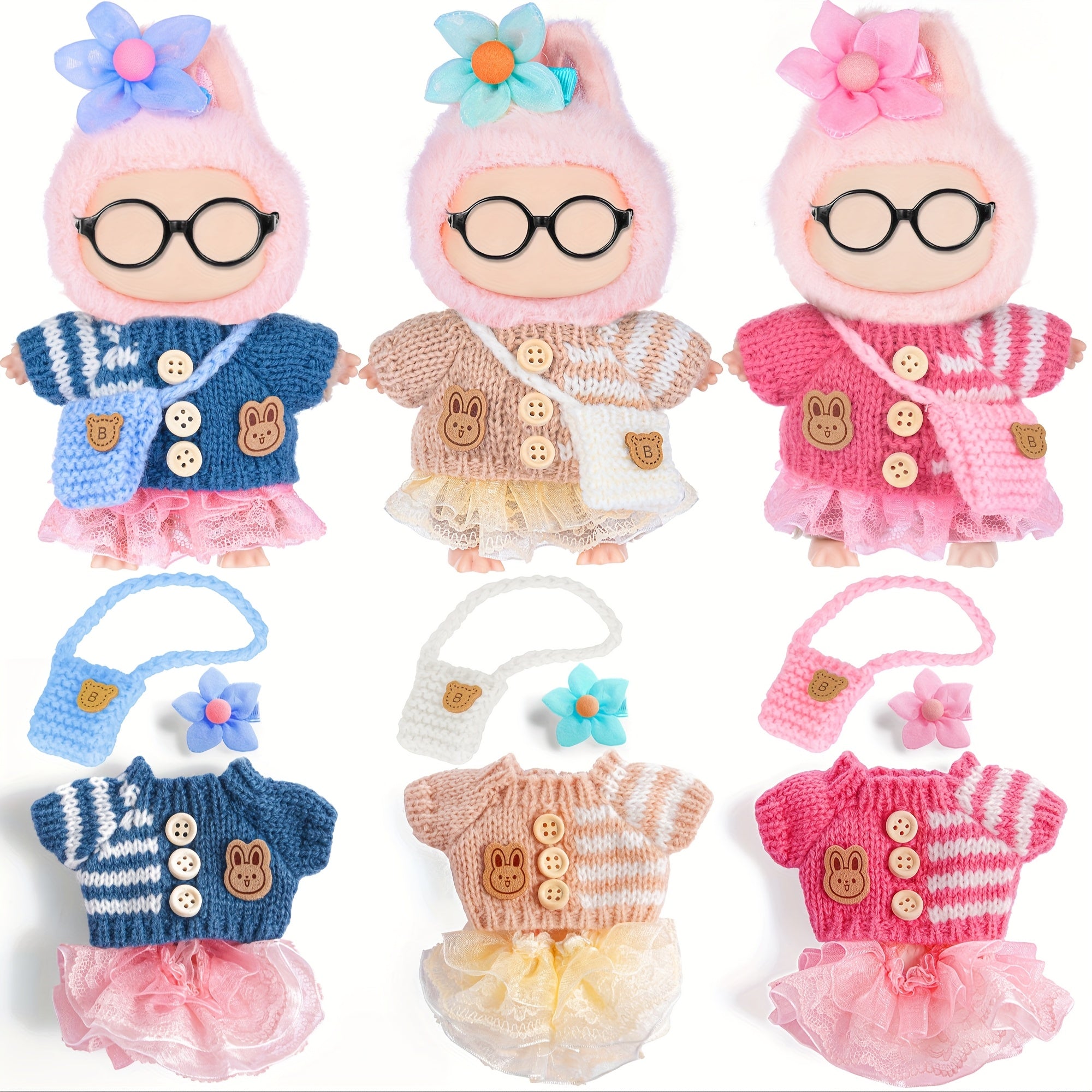 Labubu Doll Clothes 3 Sets for 17cm Plush Dolls – Knit Tops Bubble Tulle Skirts Floral Hair Clips & Bags Blue Beige Pink Complete Fashion Outfits Gift Ages 3+