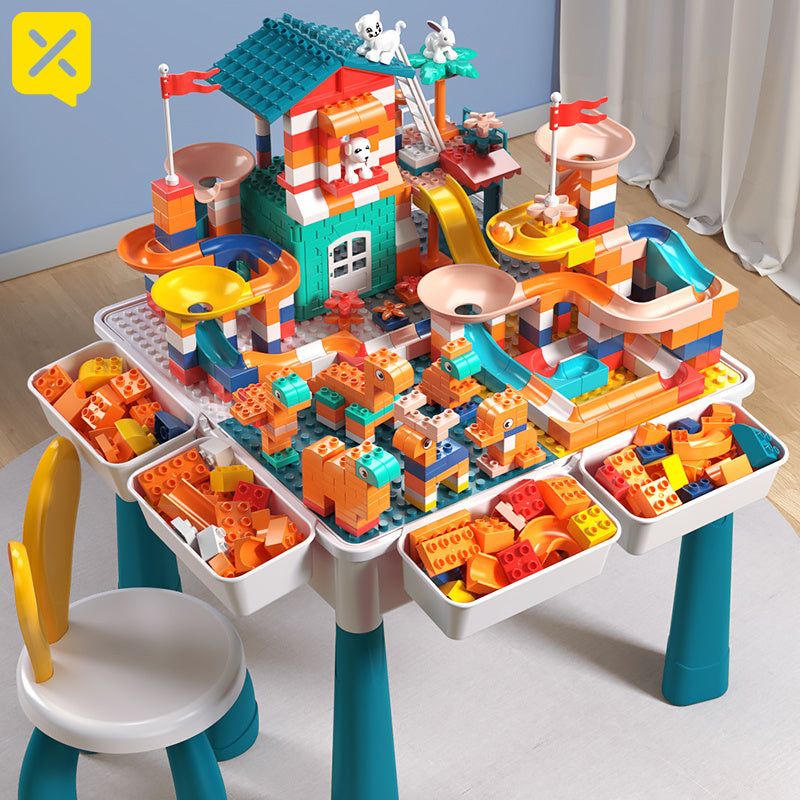 Kids Activity Table with Building Blocks All-in-One Toddler Play Table – Space-Saving Corner Design Durable ABS Plastic, Multifunctional Learning Desk Gift for Boys Girls Ages 1-6 Christmas Birthday