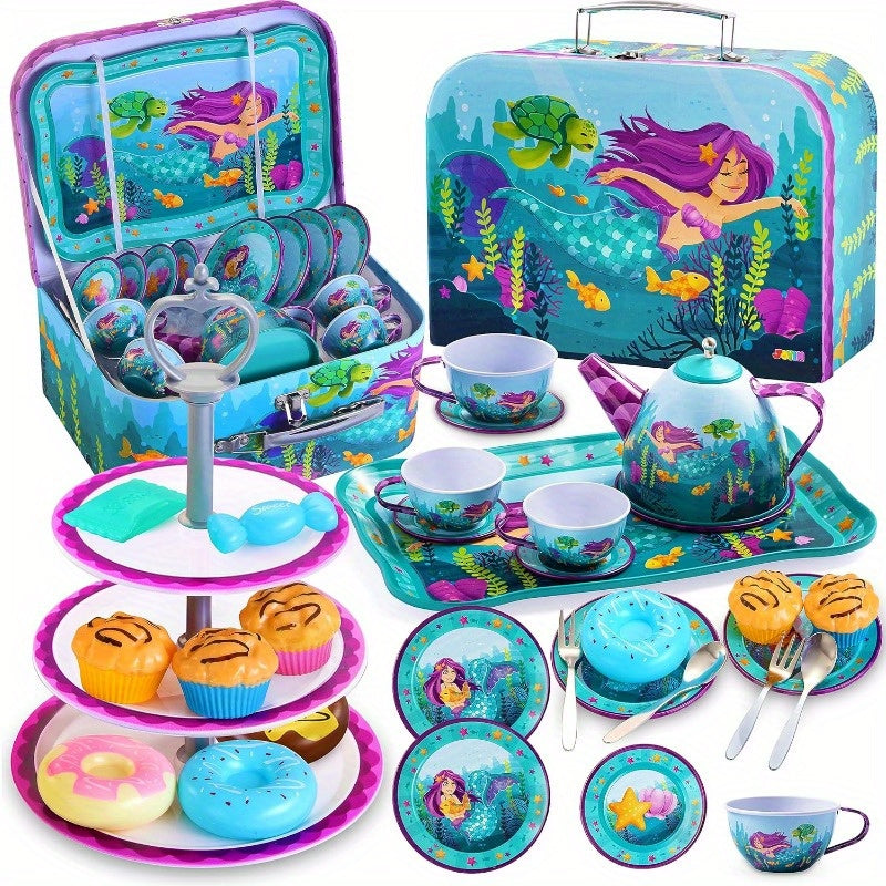 Mermaid Tea Party Set for Kids 35 Pcs Pretend Play Tin Teapot Set with Desserts 3-Tier Cake Stand Carrying Case Princess Tea Time Birthday Easter Christmas Gift
