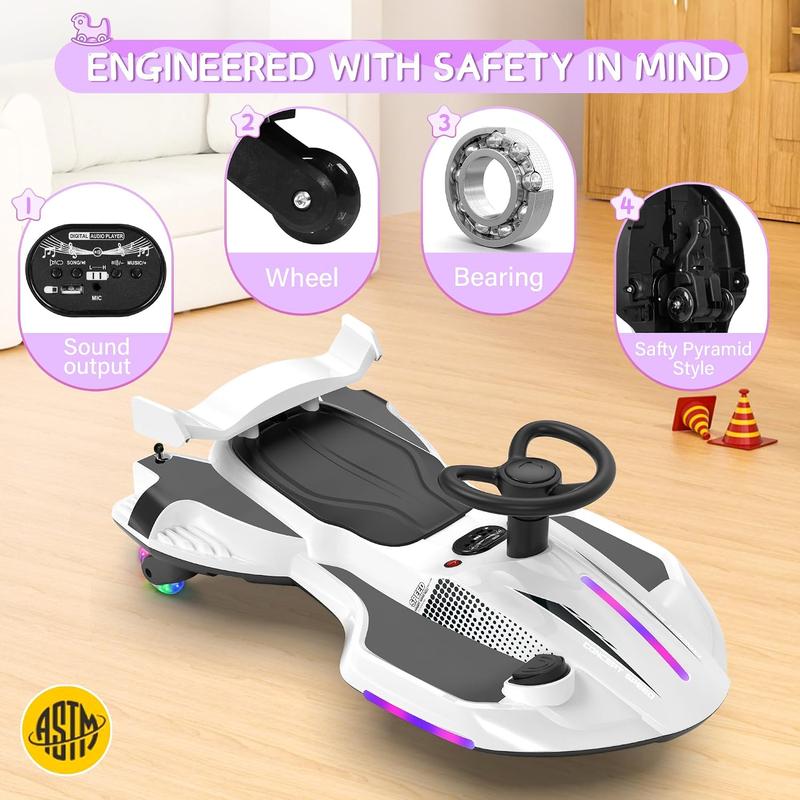 Electric Wiggle Car with Bluetooth & Mist, Akeleo 12V 2-in-1 Pedal Ride-On Toy for Kids Ages 3+, Light-Up Wheels and 360° Steering