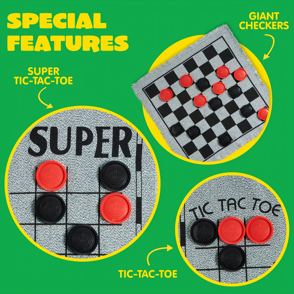 3-in-1 Giant Checkers and Tic Tac Toe Game Set with Reversible Mat 24 Oversized Chips Family Lawn Game Indoor Outdoor BBQ Party Easter Birthday Gift Ages 3+