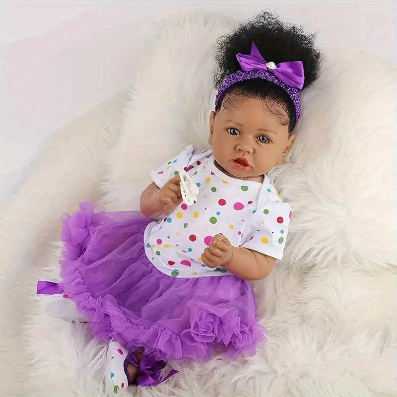 African American Reborn Baby Doll 21.5 Inch – Vinyl Black Doll with Beautiful Painted Pupils Full Set Curly Hair Handmade Hand-Painted Collectible Holiday Gift Ages 3+