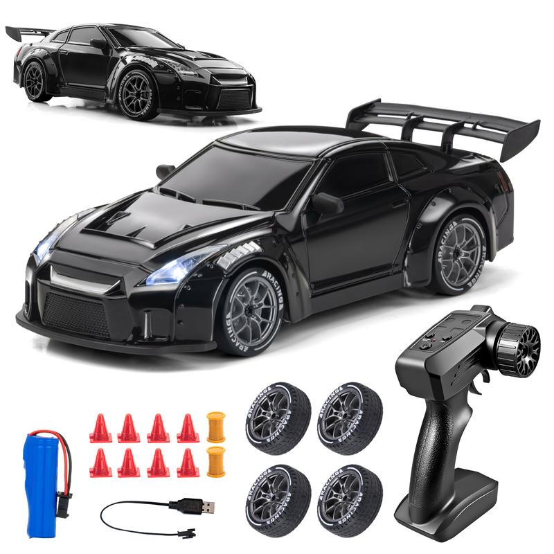 4WD RC Drift Car with Dual Rechargeable Batteries, 1:24 Scale 2.4GHz Remote Control Racer with LED Lights and Swap Tires for Kids Ages 5+